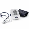 A digital blood pressure monitor displaying readings, a cuff, and a stethoscope arranged on a white surface.