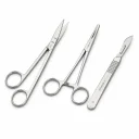 Premium stainless steel surgical scissors, forceps, and scalpel for precision surgical procedures, wound care, and medical applications available at Medical Equipment Dubai.